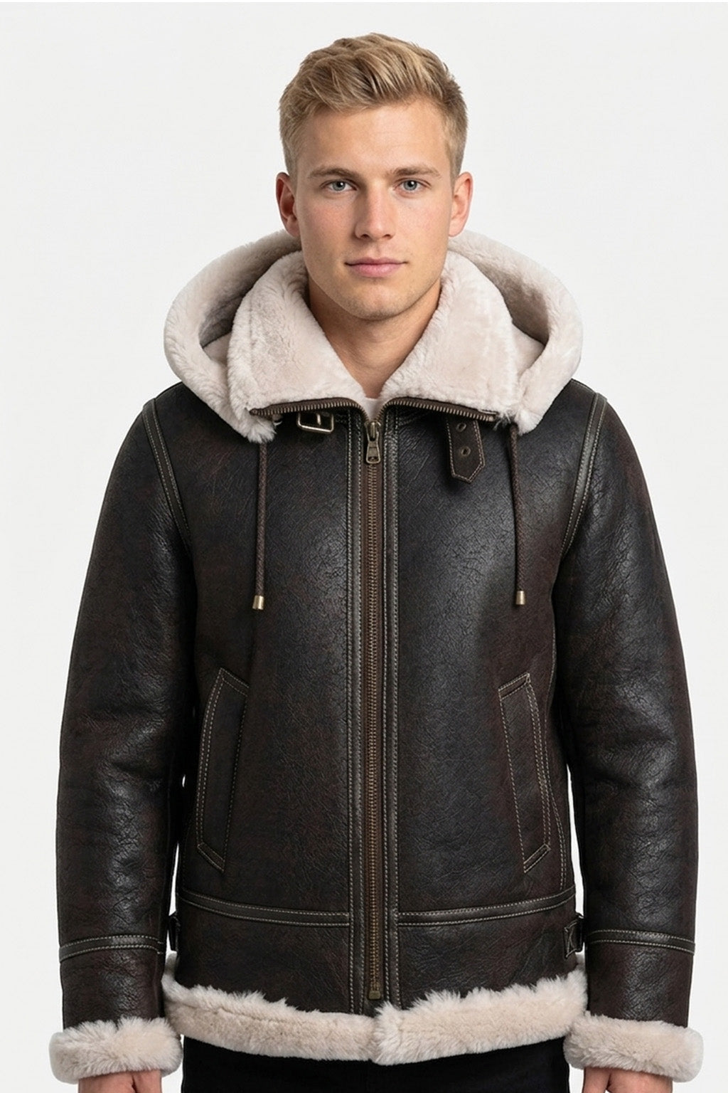 B005 Vintage Brown Hooded Bomber - Cream Fur Lined