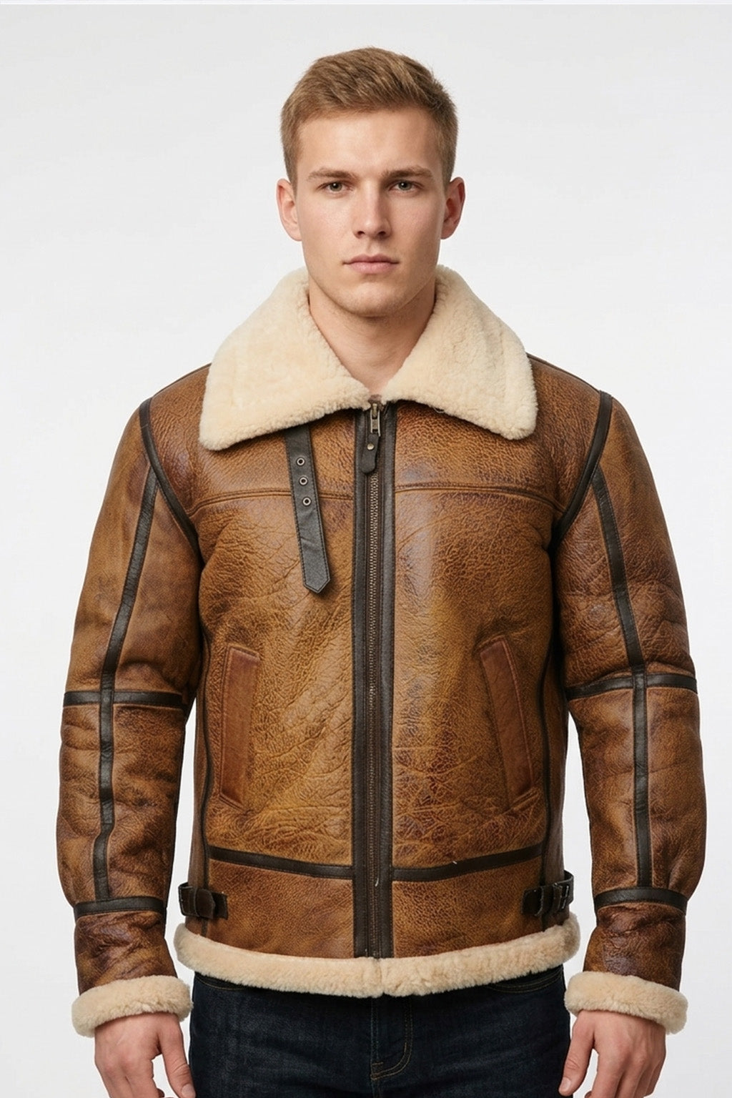 B009 RAF Men's Brown Shearling Fur B3 Flight Bomber Aviator Real Leather Jacket