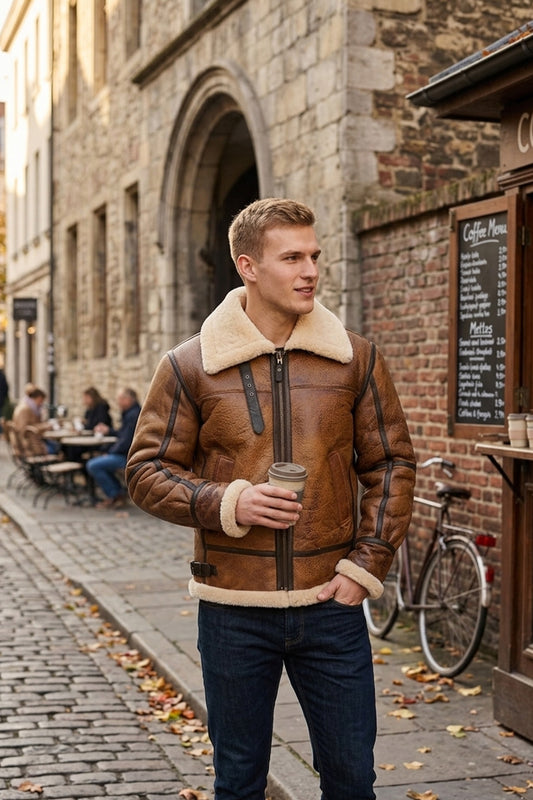 B009 RAF Men's Brown Shearling Fur B3 Flight Bomber Aviator Real Leather Jacket