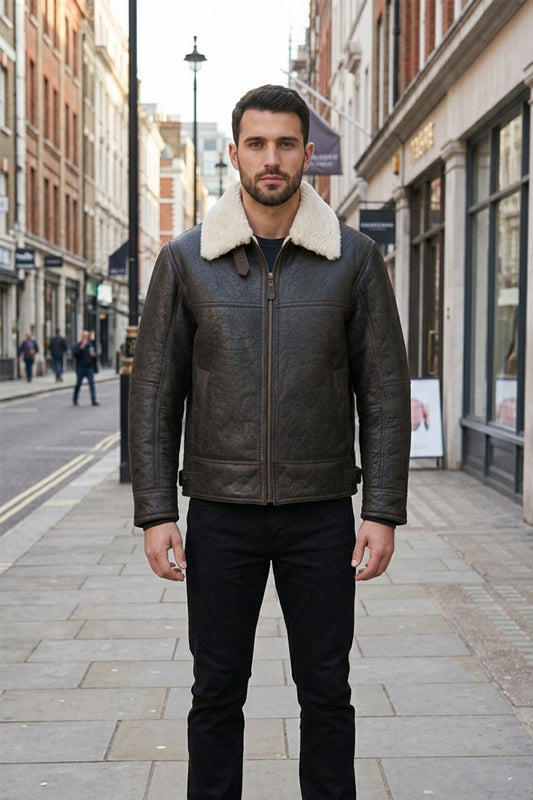B011 RAF Aviator Brown Real Shearling Fur Cockpit Men's Jacket