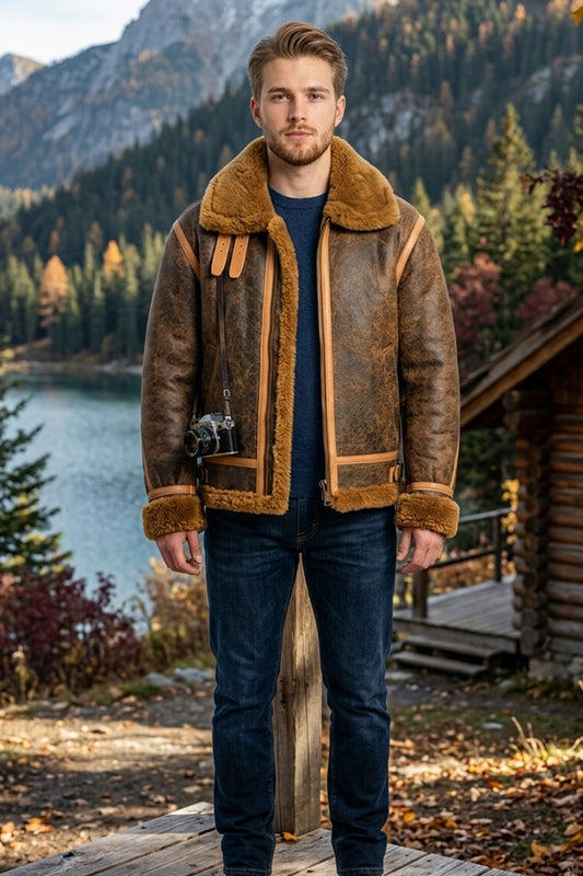 B015 RAF Copper Brown Shearling Winter Fashion Bomber Real Aviator Jacket