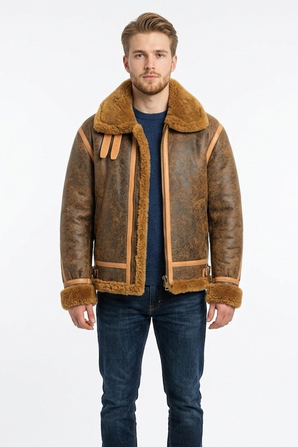B015 RAF Copper Brown Shearling Winter Fashion Bomber Real Aviator Jacket