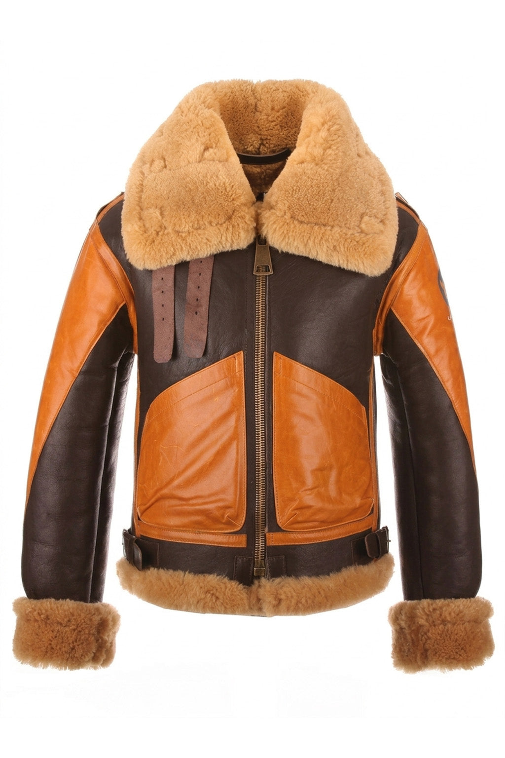 B016 Two Tone RAF Bomber Brown Real Sheepskin Shearling Men's Jacket