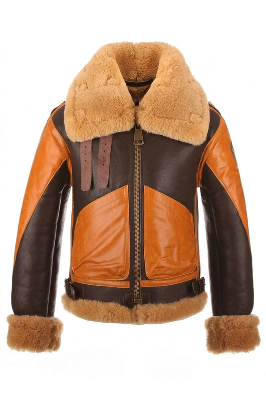B016 Two Tone RAF Bomber Brown Real Sheepskin Shearling Men's Jacket