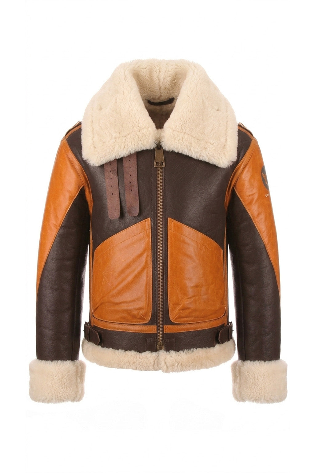 B016 Two Tone RAF Bomber Brown Real Sheepskin Shearling Men's Jacket