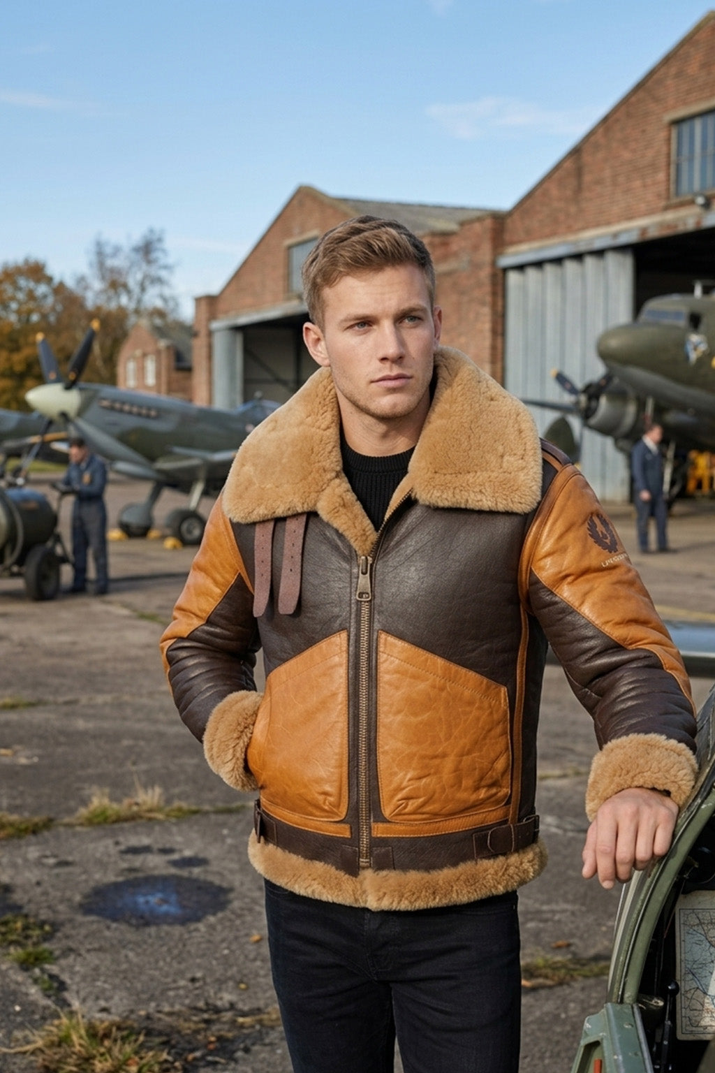 B016 Two Tone RAF Bomber Brown Real Sheepskin Shearling Men's Jacket
