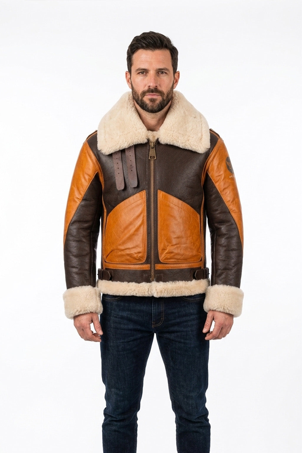 B016 Two Tone RAF Bomber Brown Real Sheepskin Shearling Men's Jacket