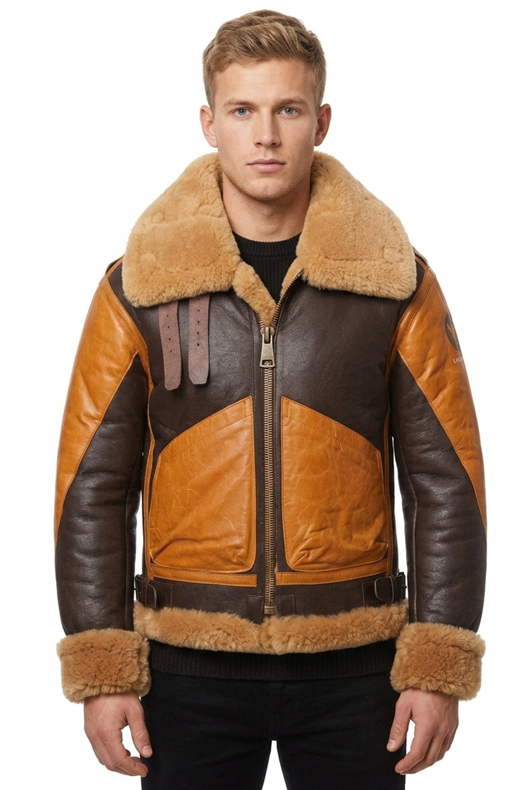 B016 Two Tone RAF Bomber Brown Real Sheepskin Shearling Men's Jacket