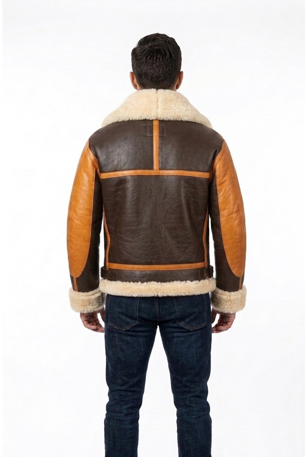 B016 Two Tone RAF Bomber Brown Real Sheepskin Shearling Men's Jacket
