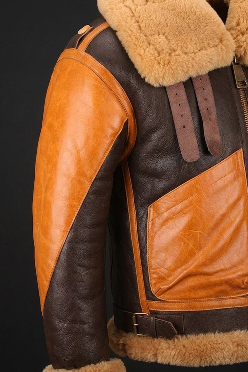 B016 Two Tone RAF Bomber Brown Real Sheepskin Shearling Men's Jacket