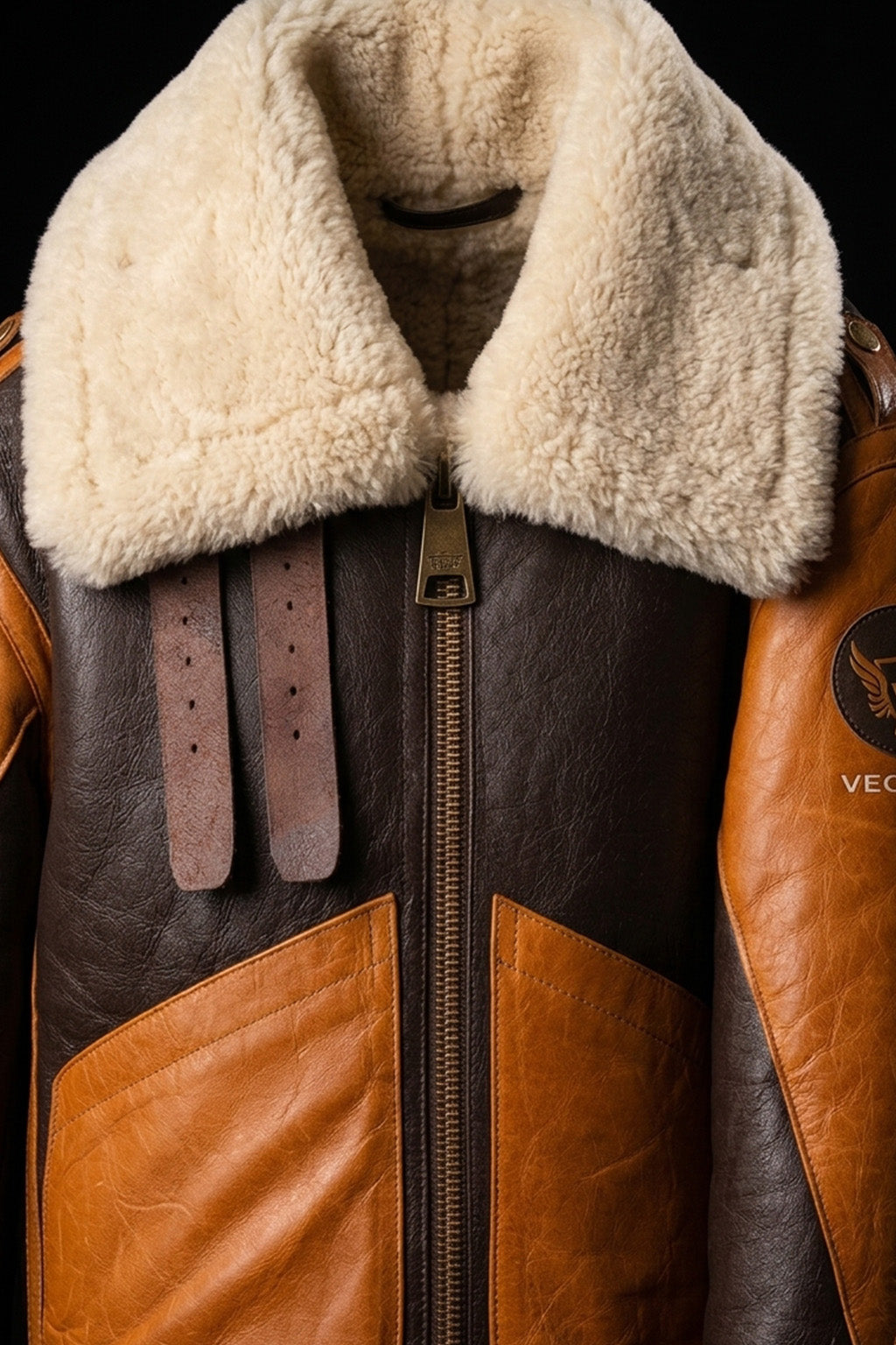 B016 Two Tone RAF Bomber Brown Real Sheepskin Shearling Men's Jacket
