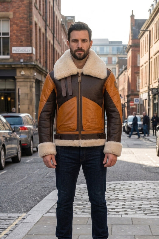 B016 Two Tone RAF Bomber Brown Real Sheepskin Shearling Men's Jacket