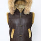 B017 RAF Fur Shearling Brown Hood Genuine Leather Jacket Men's Winter Fashion Vest