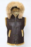 B017 RAF Fur Shearling Brown Hood Genuine Leather Jacket Men's Winter Fashion Vest