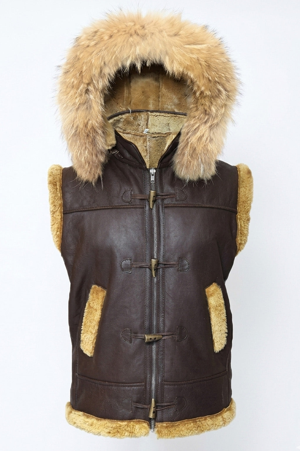 B017 RAF Fur Shearling Brown Hood Genuine Leather Jacket Men's Winter Fashion Vest