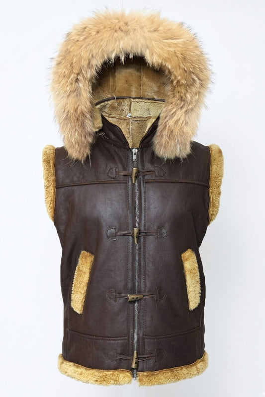 B017 RAF Fur Shearling Brown Hood Genuine Leather Jacket Men's Winter Fashion Vest