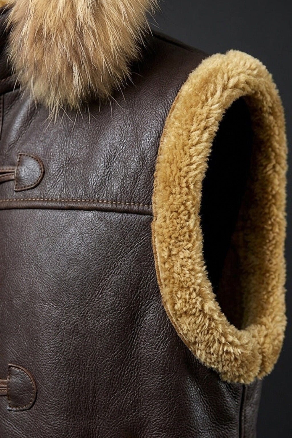 B017 RAF Fur Shearling Brown Hood Genuine Leather Jacket Men's Winter Fashion Vest