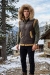 B017 RAF Fur Shearling Brown Hood Genuine Leather Jacket Men's Winter Fashion Vest