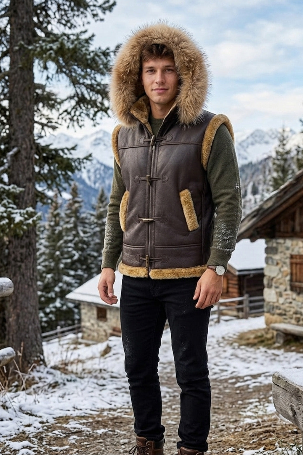 B017 RAF Fur Shearling Brown Hood Genuine Leather Jacket Men's Winter Fashion Vest