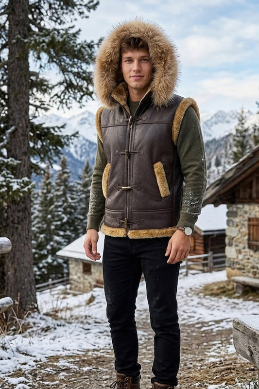 B017 RAF Fur Shearling Brown Hood Genuine Leather Jacket Men's Winter Fashion Vest