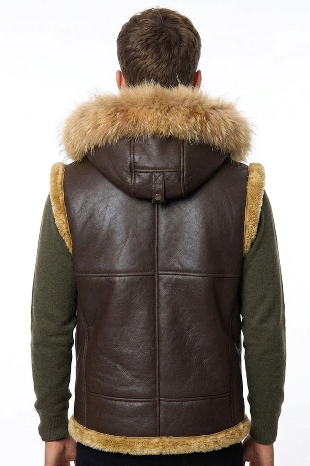 B017 RAF Fur Shearling Brown Hood Genuine Leather Jacket Men's Winter Fashion Vest