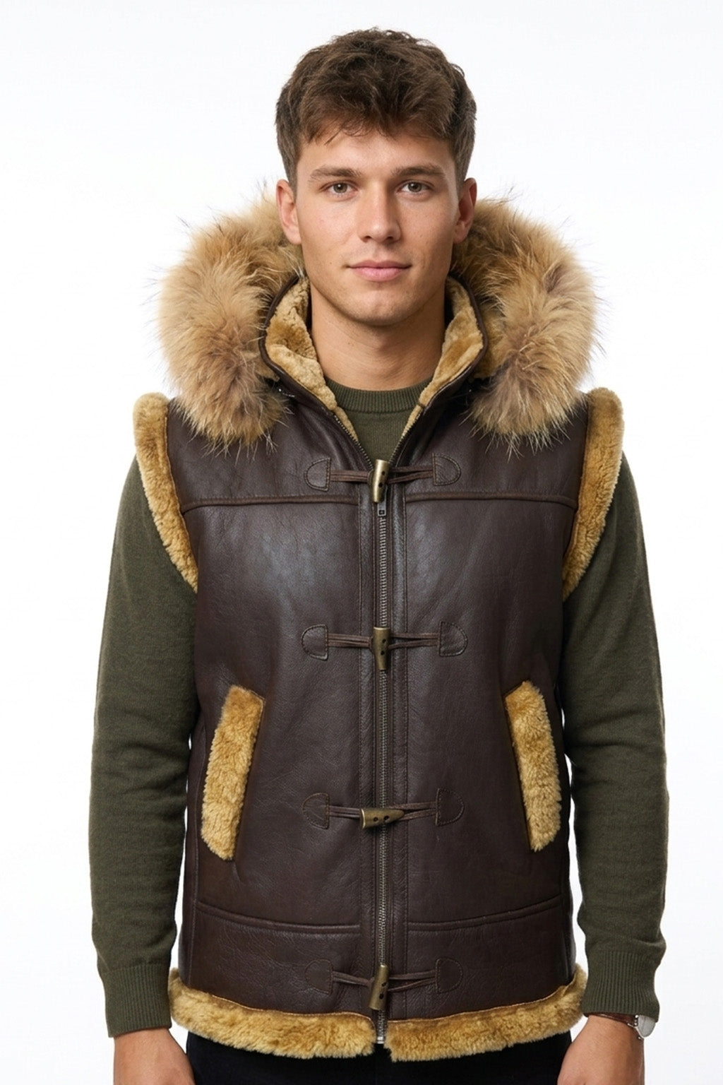 B017 RAF Fur Shearling Brown Hood Genuine Leather Jacket Men's Winter Fashion Vest