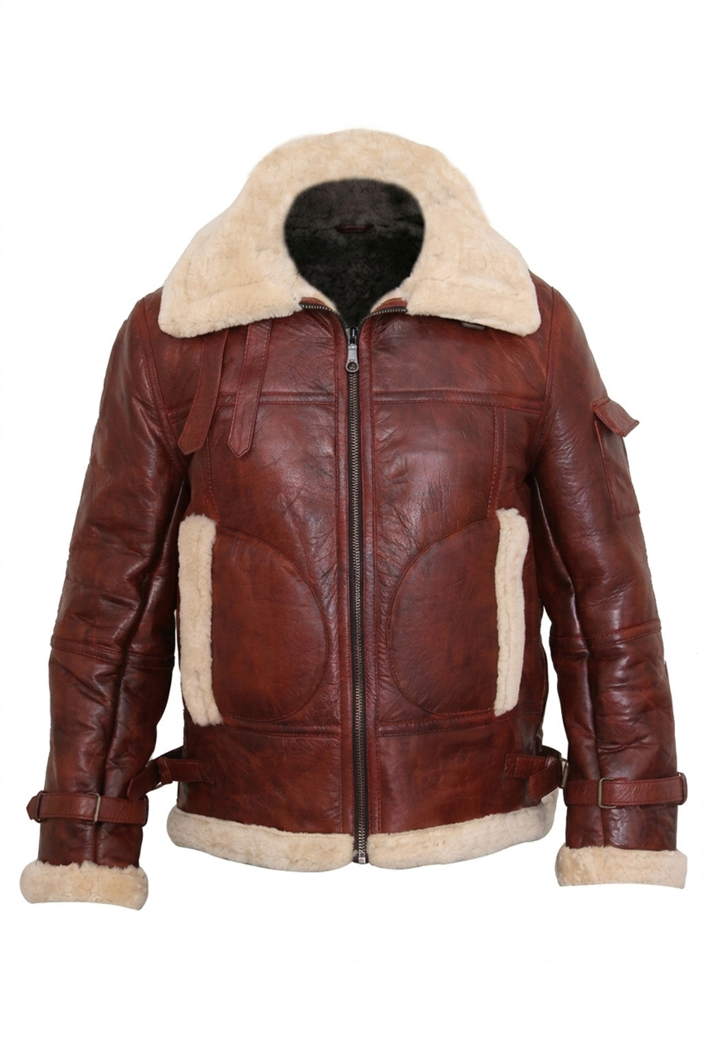 B019 RAF Men's B3 Aviator Real Leather Fur Shearling Winter Brown Jacket