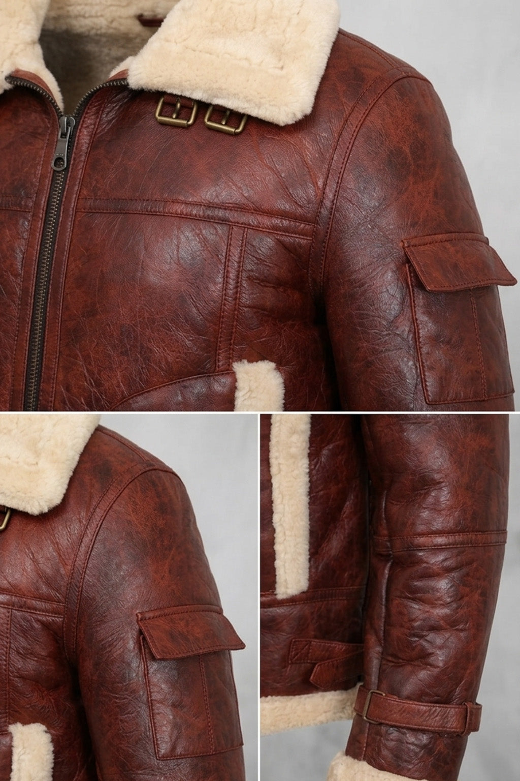 B019 RAF Men's B3 Aviator Real Leather Fur Shearling Winter Brown Jacket
