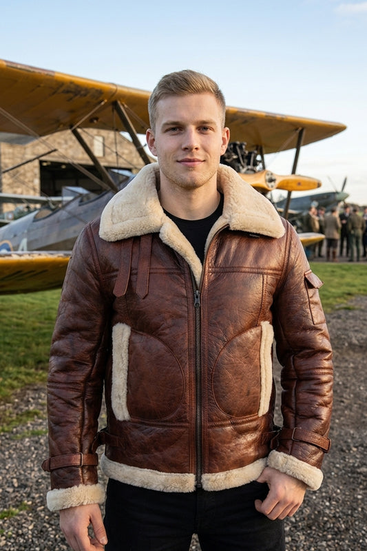 B019 RAF Men's B3 Aviator Real Leather Fur Shearling Winter Brown Jacket