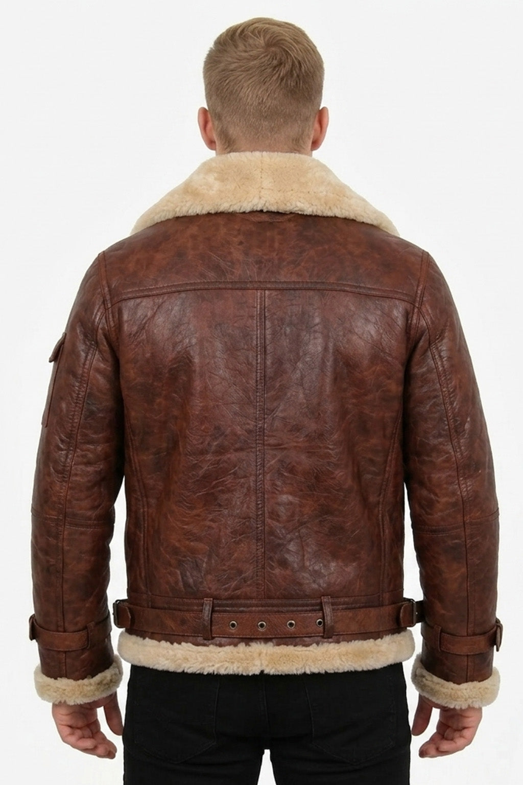 B019 RAF Men's B3 Aviator Real Leather Fur Shearling Winter Brown Jacket