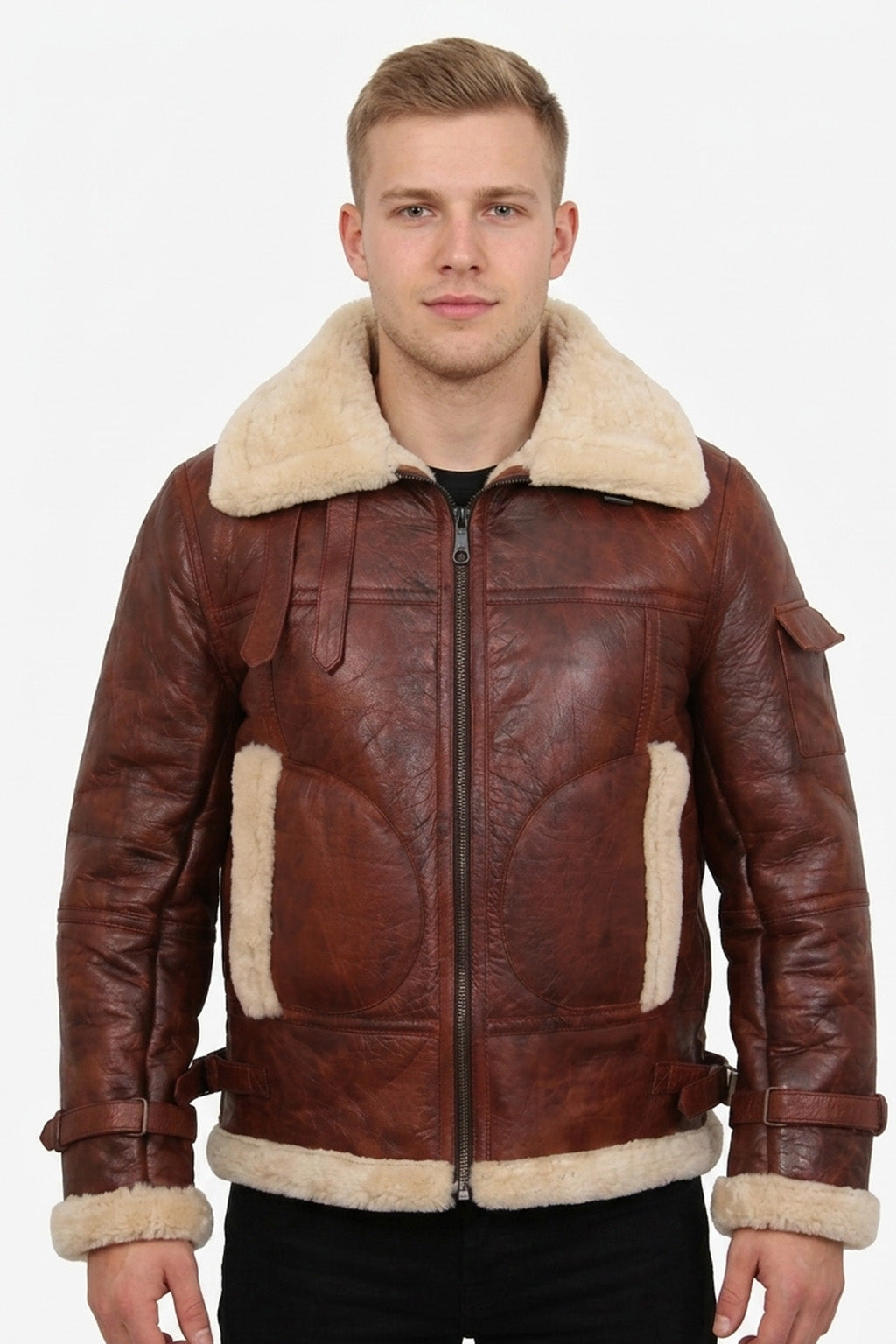 B019 RAF Men's B3 Aviator Real Leather Fur Shearling Winter Brown Jacket