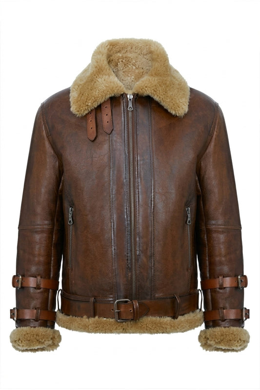B021 Men's Real Shearling Sheepskin Leather Pilot Aviator Flying Jacket