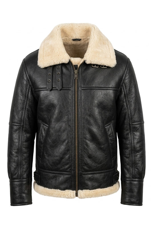 B020 Men's RAF Flying Aviator Real Shearling Fur Bomber Black Winter Leather Jacket