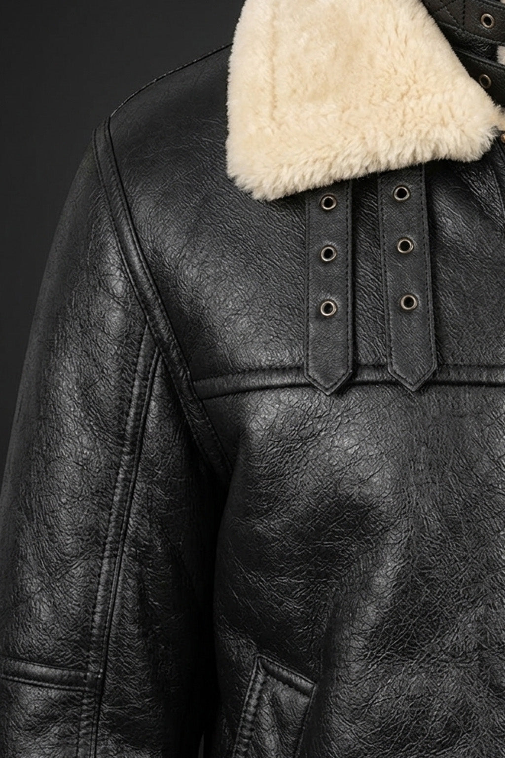 B020 Men's RAF Flying Aviator Real Shearling Fur Bomber Black Winter Leather Jacket