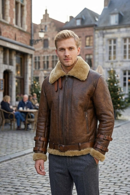 B021 Men's Real Shearling Sheepskin Leather Pilot Aviator Flying Jacket