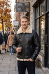 B020 Men's RAF Flying Aviator Real Shearling Fur Bomber Black Winter Leather Jacket