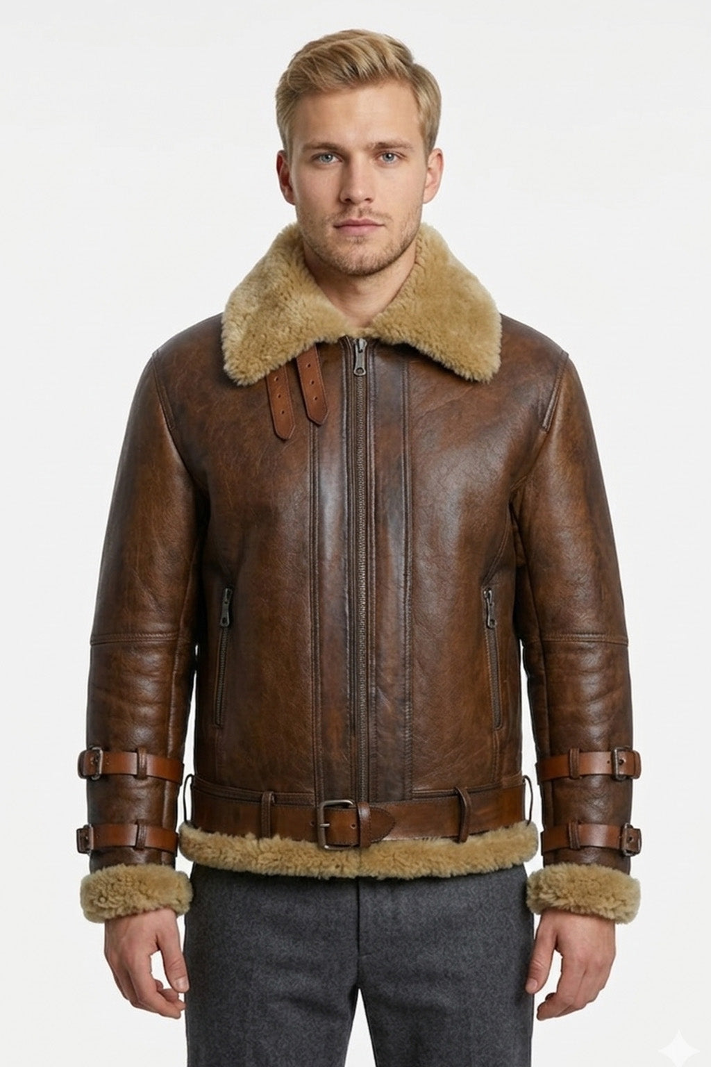 B021 Men's Real Shearling Sheepskin Leather Pilot Aviator Flying Jacket