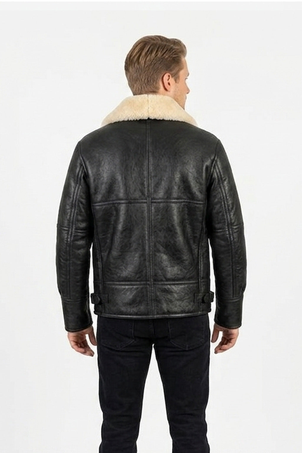 B020 Men's RAF Flying Aviator Real Shearling Fur Bomber Black Winter Leather Jacket