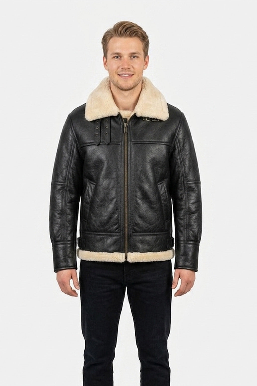 B020 Men's RAF Flying Aviator Real Shearling Fur Bomber Black Winter Leather Jacket