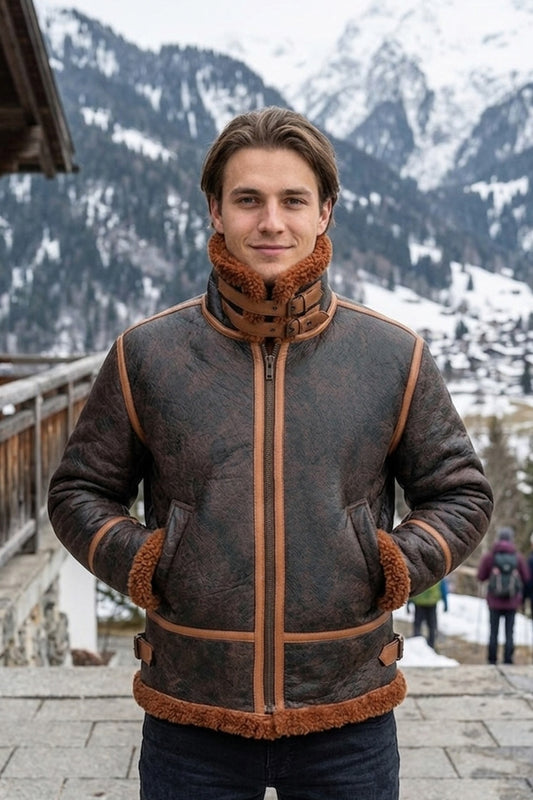 B022 RAF Brown Shearling Winter Fashion Bomber Aviator Jacket