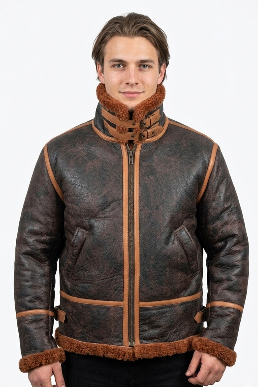 B022 RAF Brown Shearling Winter Fashion Bomber Aviator Jacket