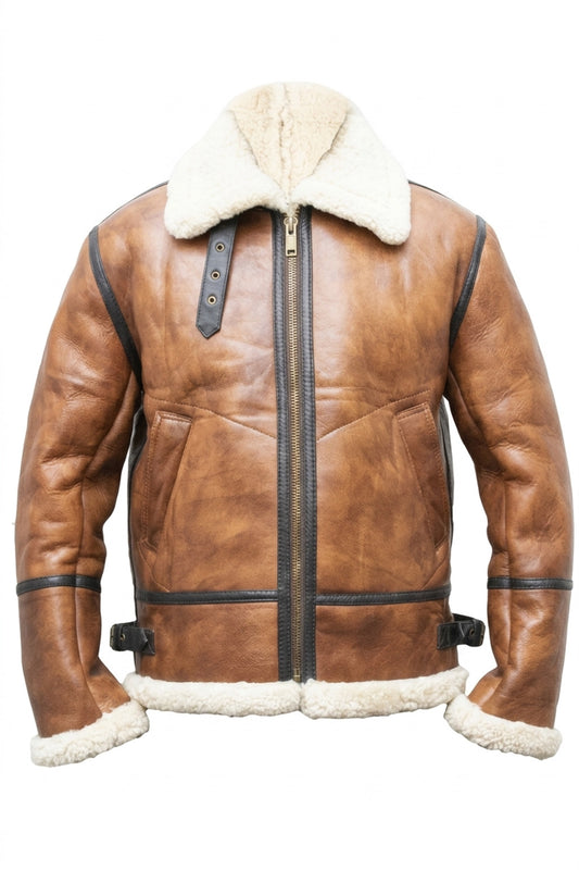 B023 Men's Fashion Fur Shearling Brown Bomber Winter Warm Real Leather Jacket