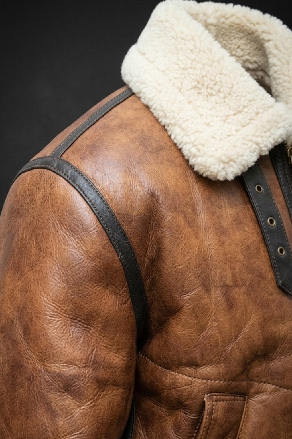 B023 Men's Fashion Fur Shearling Brown Bomber Winter Warm Real Leather Jacket