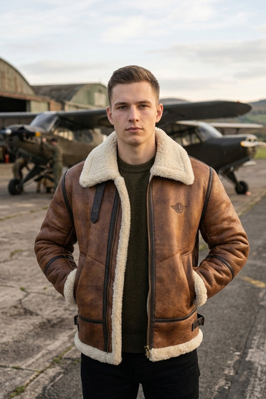 B023 Men's Fashion Fur Shearling Brown Bomber Winter Warm Real Leather Jacket