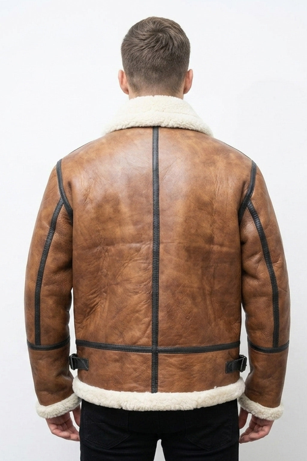 B023 Men's Fashion Fur Shearling Brown Bomber Winter Warm Real Leather Jacket