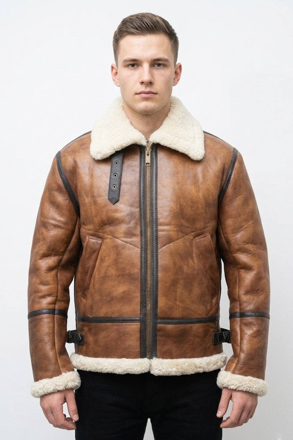 B023 Men's Fashion Fur Shearling Brown Bomber Winter Warm Real Leather Jacket