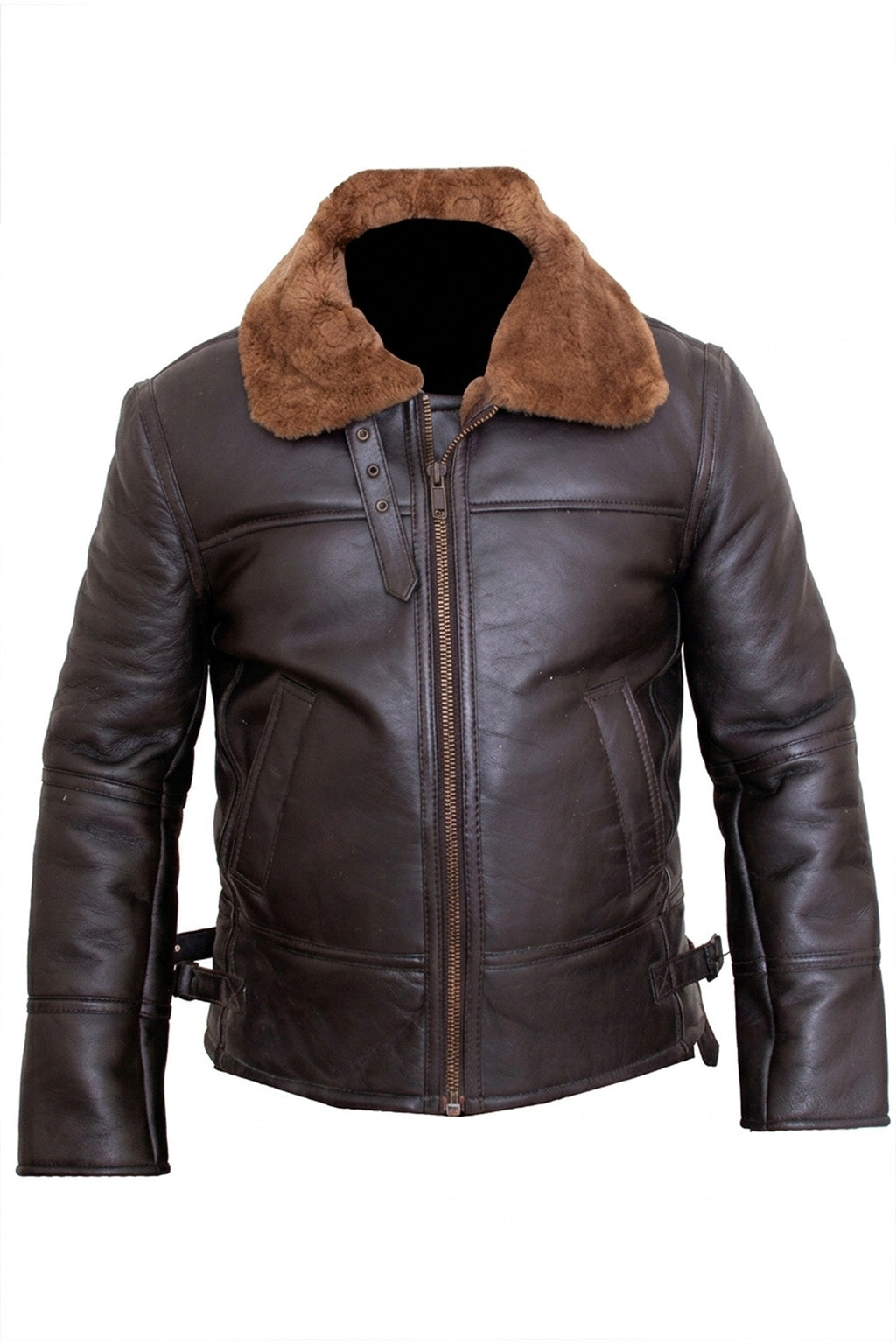 B024 Fur Shearling Men Warm Bomber Brown Genuine Leather Jacket Winter Coat