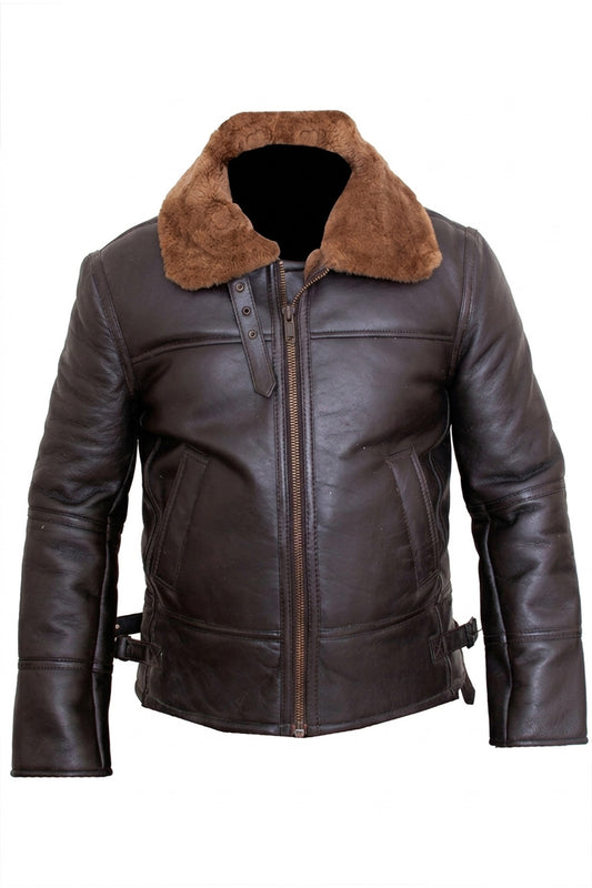 B024 Fur Shearling Men Warm Bomber Brown Genuine Leather Jacket Winter Coat