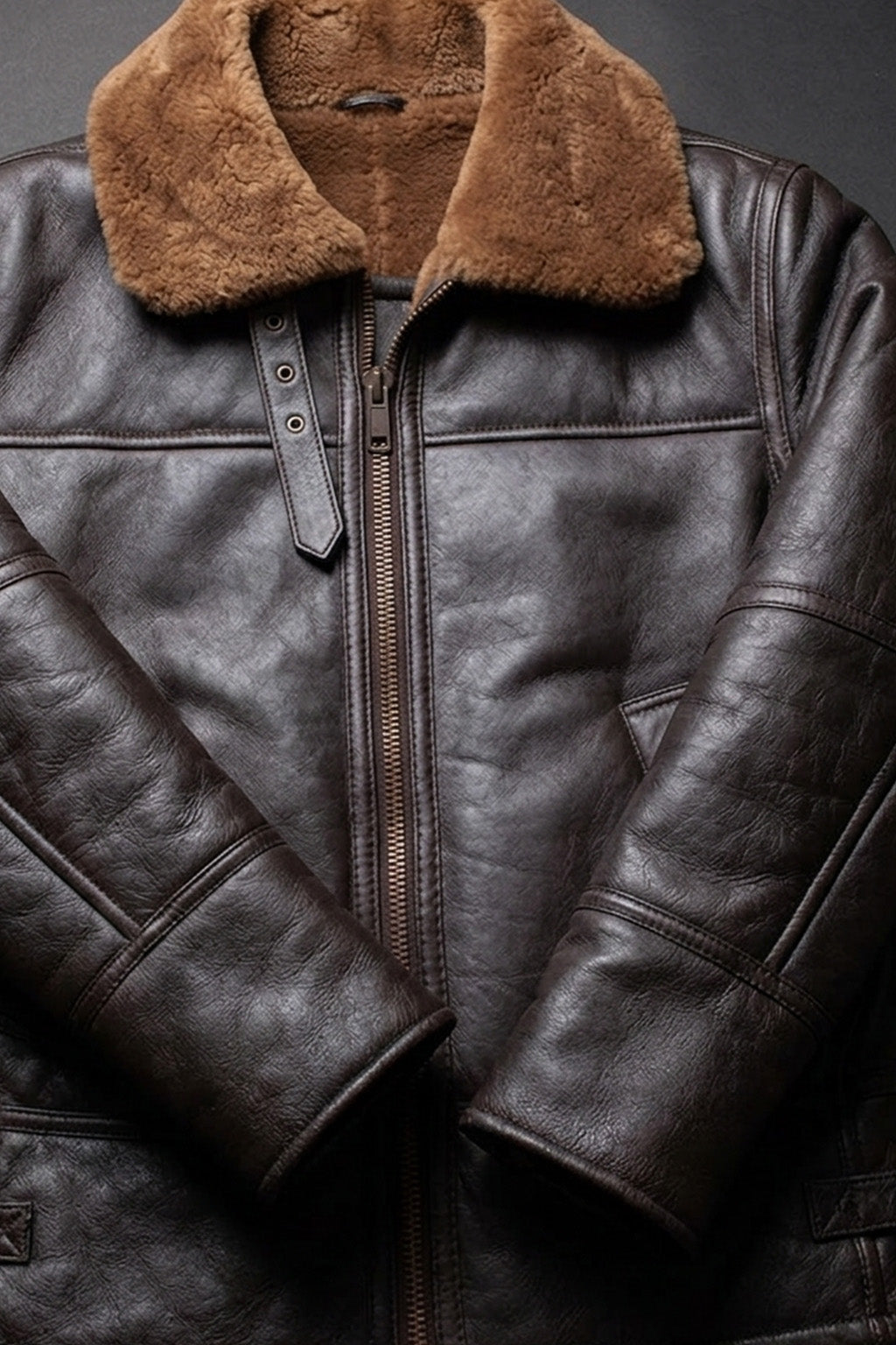 B024 Fur Shearling Men Warm Bomber Brown Genuine Leather Jacket Winter Coat
