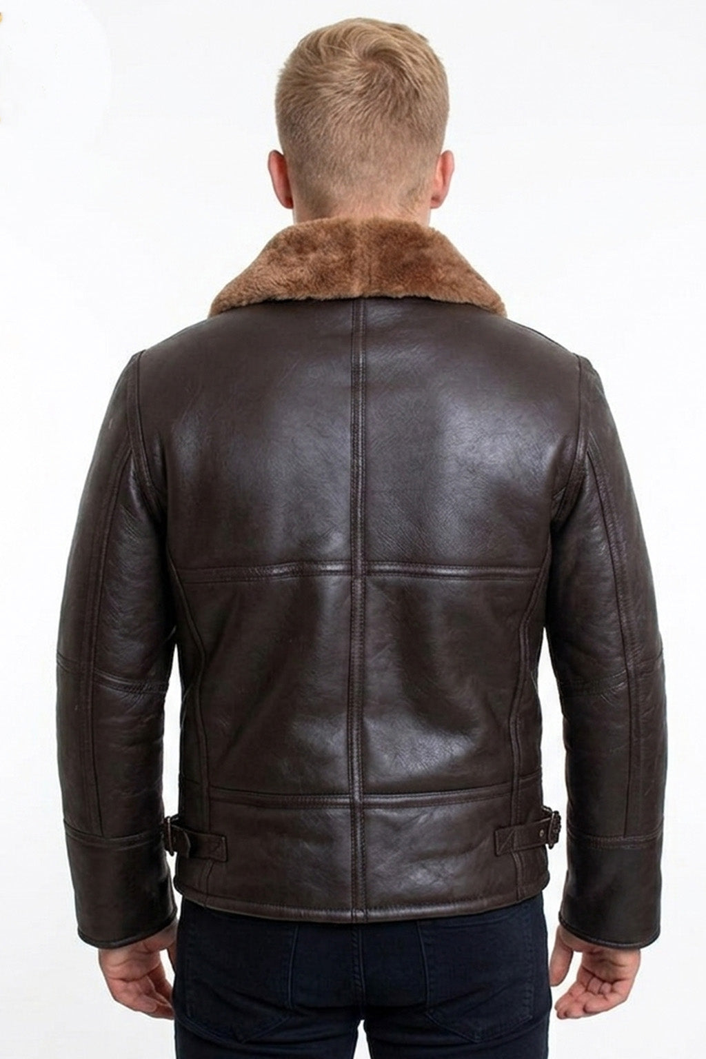 B024 Fur Shearling Men Warm Bomber Brown Genuine Leather Jacket Winter Coat